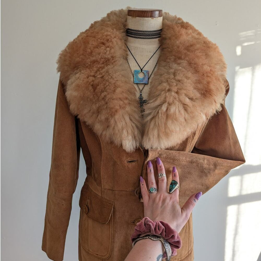 Vintage Brown Leather Coat 70s Suede Penny Lane Jacket Boho Chic Neutral Small - Picture 7 of 10